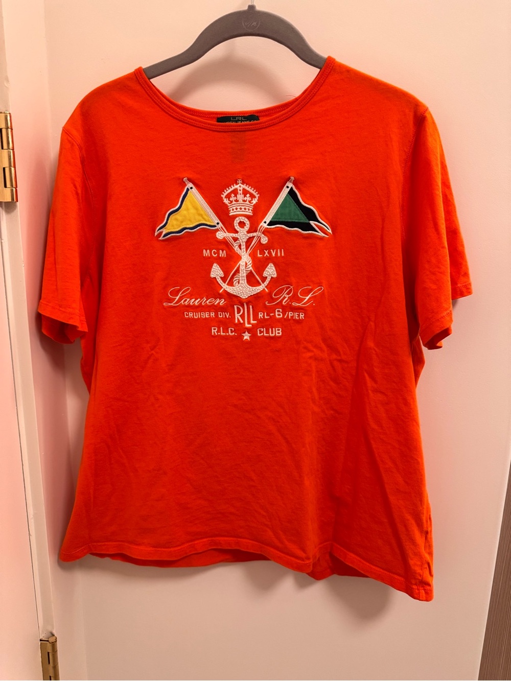 Vintage Ralph Lauren LRL Orange Embellished Nautical Anchor Graphic Tee